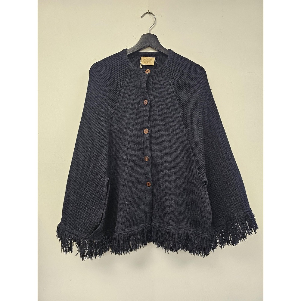Vintage Carol Brent Sweater‎ Womens One Size Black Knit Fringe Hem Button Cape
